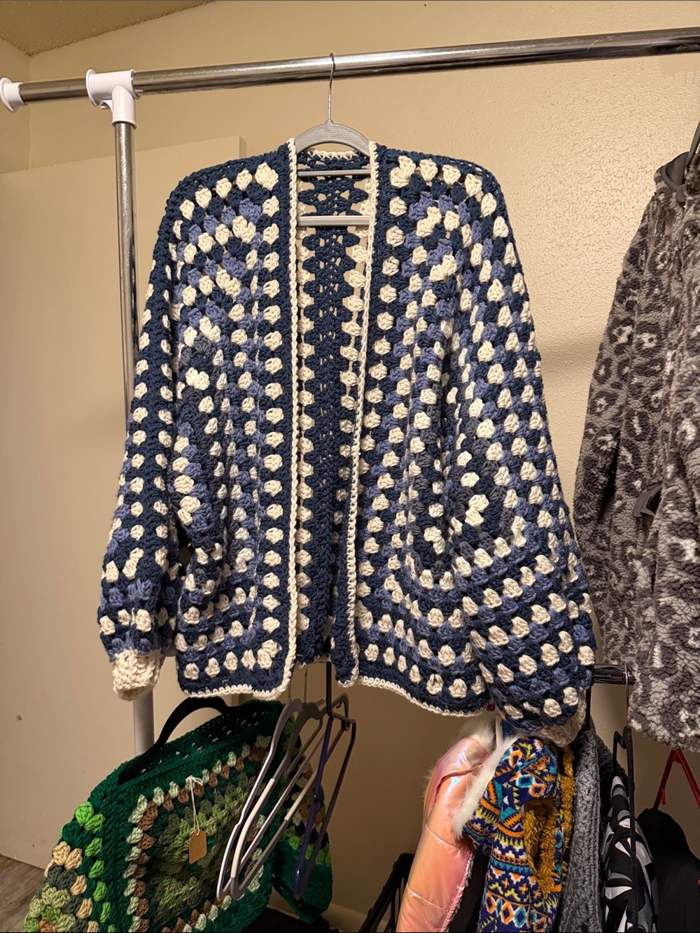 Handcrafted Navy and Cream Crochet Women's Cardigan Sweater